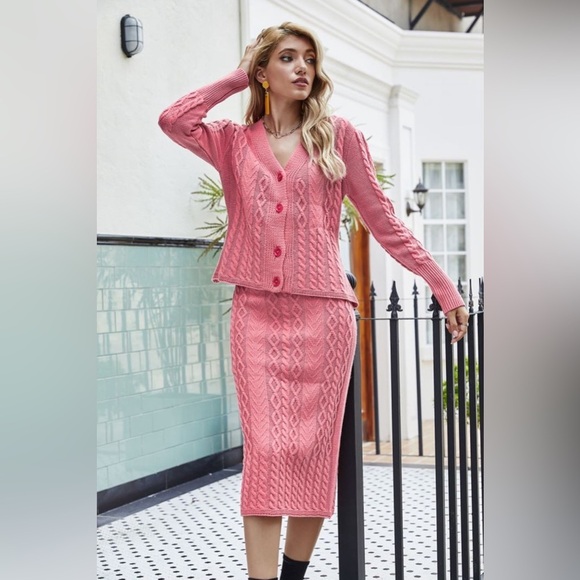 Mixed Knit V-Neck Cardigan and Knit Skirt Set